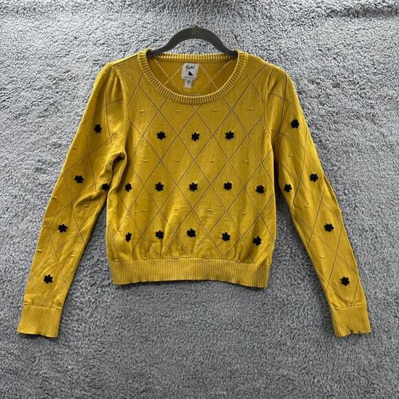 Yumi Women's XS Knit Sweater Yellow Long Sleeve Embroidered Black Flowers - Picture 1 of 11